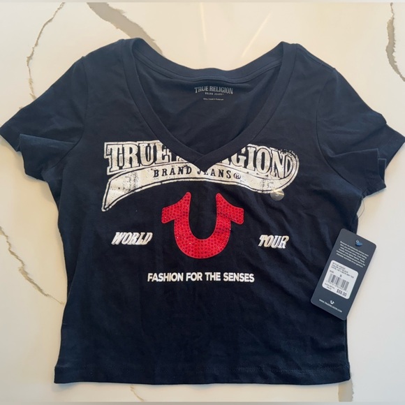 True Religion CRYSTAL HORSESHOE V NECK BABY TEE - Sz S NWT - Picture 3 of 6